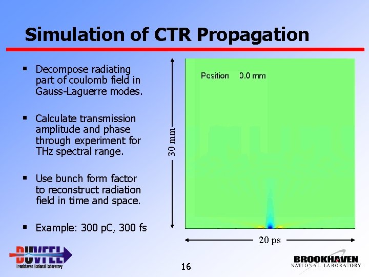 Simulation of CTR Propagation § Decompose radiating part of coulomb field in Gauss-Laguerre modes.