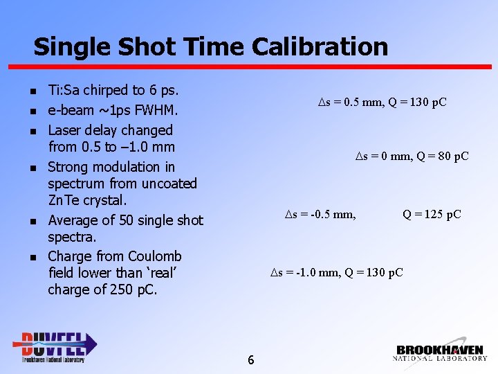 Single Shot Time Calibration n n n Ti: Sa chirped to 6 ps. e-beam