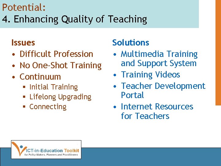 Potential: 4. Enhancing Quality of Teaching Issues • Difficult Profession • No One-Shot Training