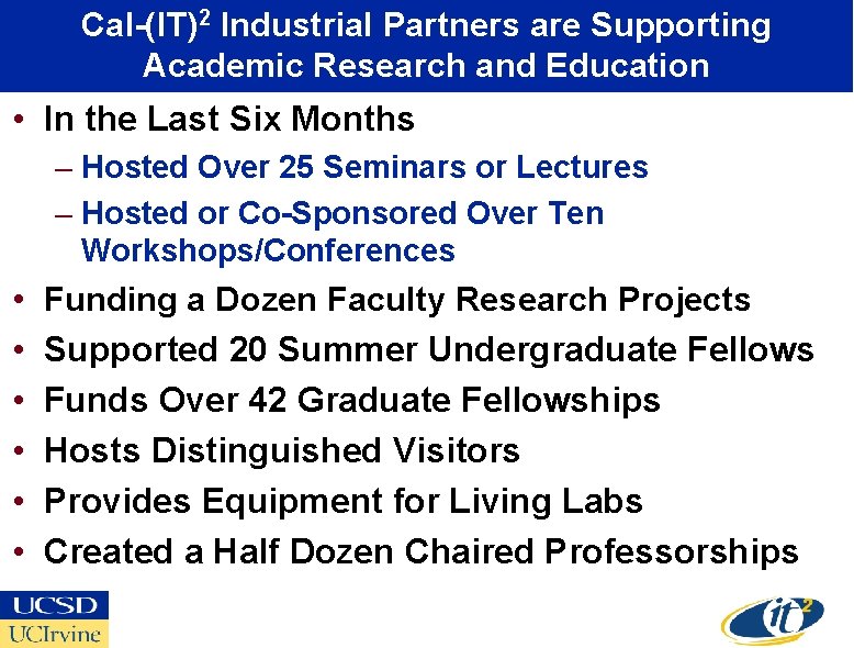 Cal-(IT)2 Industrial Partners are Supporting Academic Research and Education • In the Last Six