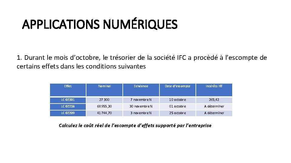 APPLICATIONS NUMÉRIQUES 1. Durant le mois d’octobre, le trésorier de la société IFC a