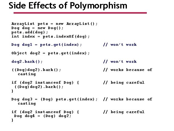 Side Effects of Polymorphism Array. List pets = new Array. List(); Dog dog =