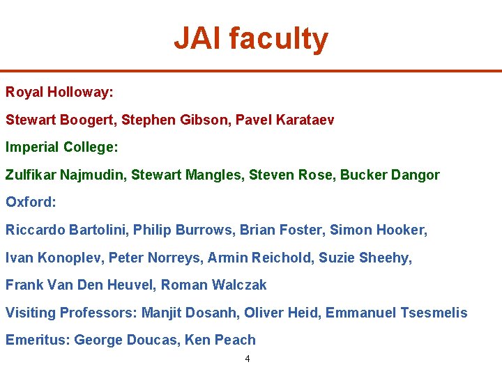 JAI faculty Royal Holloway: Stewart Boogert, Stephen Gibson, Pavel Karataev Imperial College: Zulfikar Najmudin,