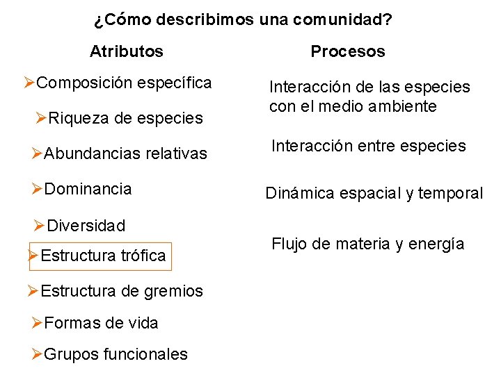 ¿Cómo describimos una comunidad? Atributos Composición específica Riqueza de especies Abundancias relativas Dominancia Diversidad