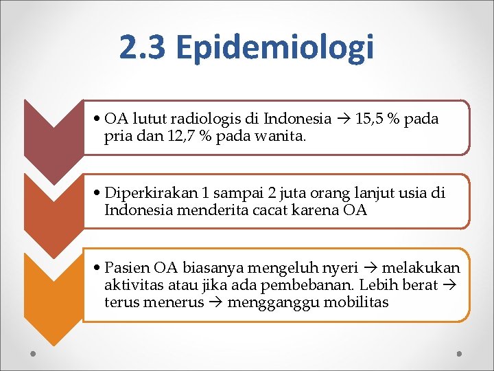 2. 3 Epidemiologi • OA lutut radiologis di Indonesia 15, 5 % pada pria