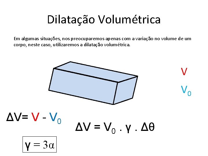 Dilatação Volumétrica Em algumas situações, nos preocuparemos apenas com a variação no volume de