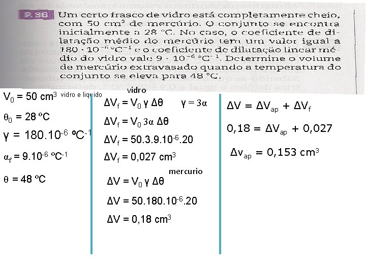 V 0 = 50 cm 3 vidro e liquido θ 0 = 28 ºC