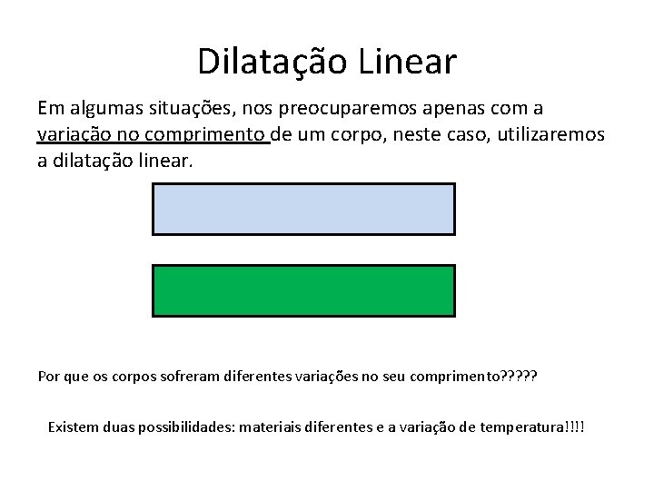 Dilatação Linear Em algumas situações, nos preocuparemos apenas com a variação no comprimento de