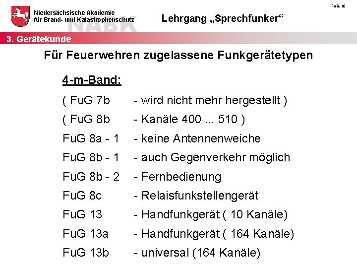 NABK 3. Gerätekunde Niedersächsische Akademie für Brand- und Katastrophenschutz Folie 18 Lehrgang „Sprechfunker“ Für