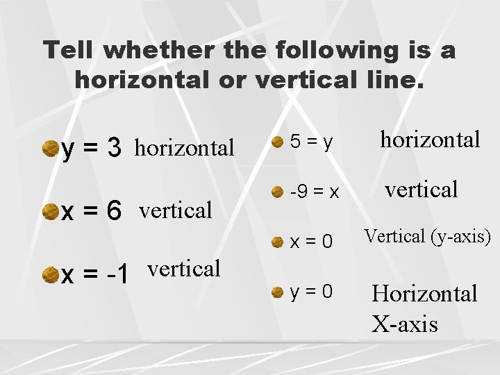 Tell whether the following is a horizontal or vertical line. y = 3 horizontal