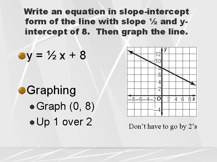 Write an equation in slope-intercept form of the line with slope ½ and yintercept
