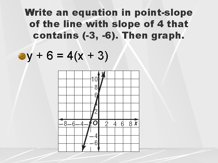 Write an equation in point-slope of the line with slope of 4 that contains