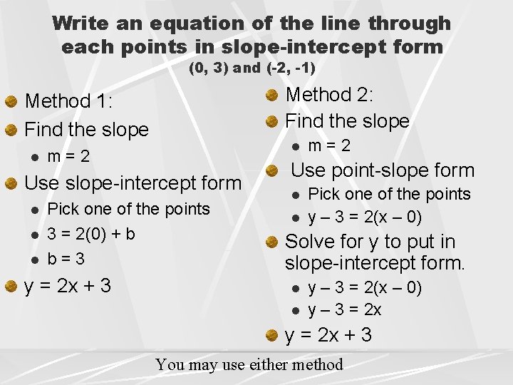 Write an equation of the line through each points in slope-intercept form (0, 3)