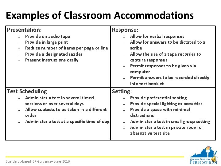 Examples of Classroom Accommodations Presentation: o o o Provide on audio tape Provide in