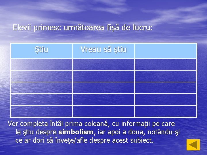 Elevii primesc următoarea fișă de lucru: Știu Vreau să știu Vor completa întâi prima