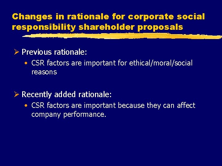 Changes in rationale for corporate social responsibility shareholder proposals Ø Previous rationale: • CSR