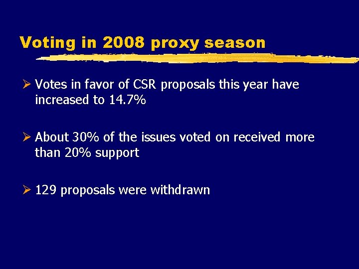 Voting in 2008 proxy season Ø Votes in favor of CSR proposals this year