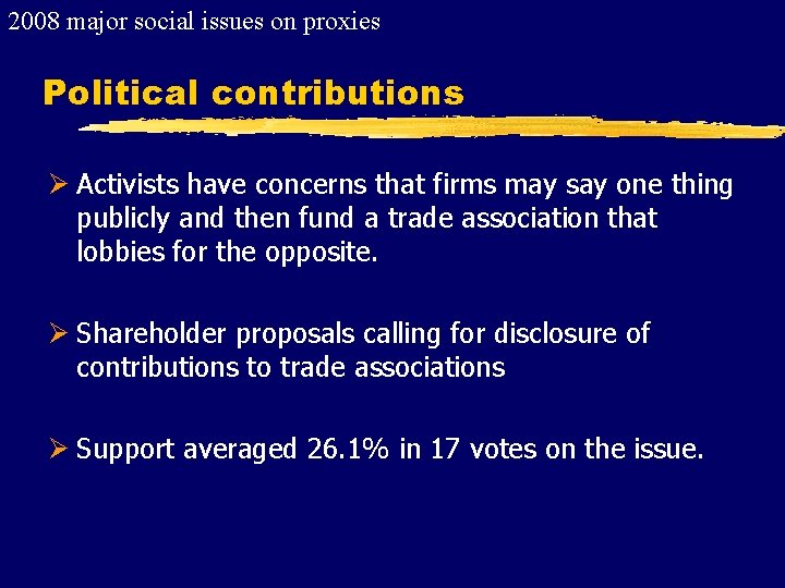 2008 major social issues on proxies Political contributions Ø Activists have concerns that firms