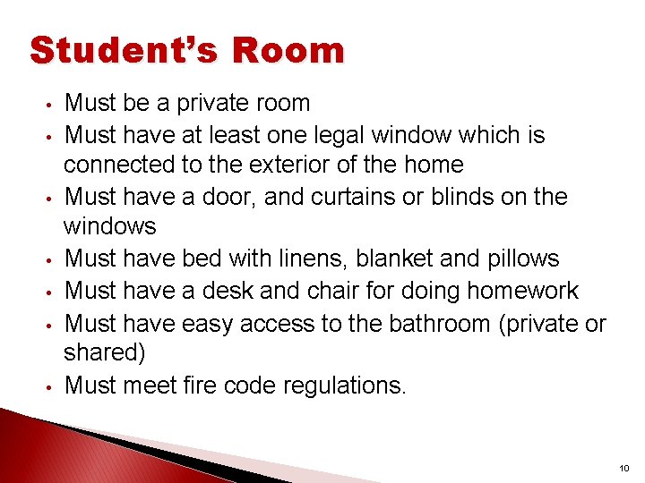 Student’s Room • • Must be a private room Must have at least one