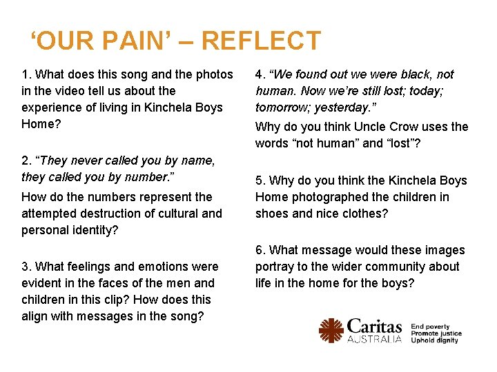 ‘OUR PAIN’ – REFLECT 1. What does this song and the photos in the