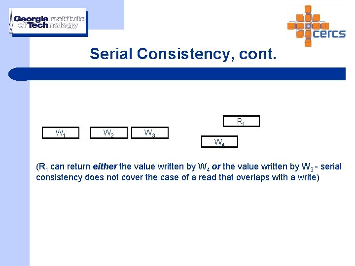 Serial Consistency, cont. R 1 W 2 W 3 W 4 (R 1 can