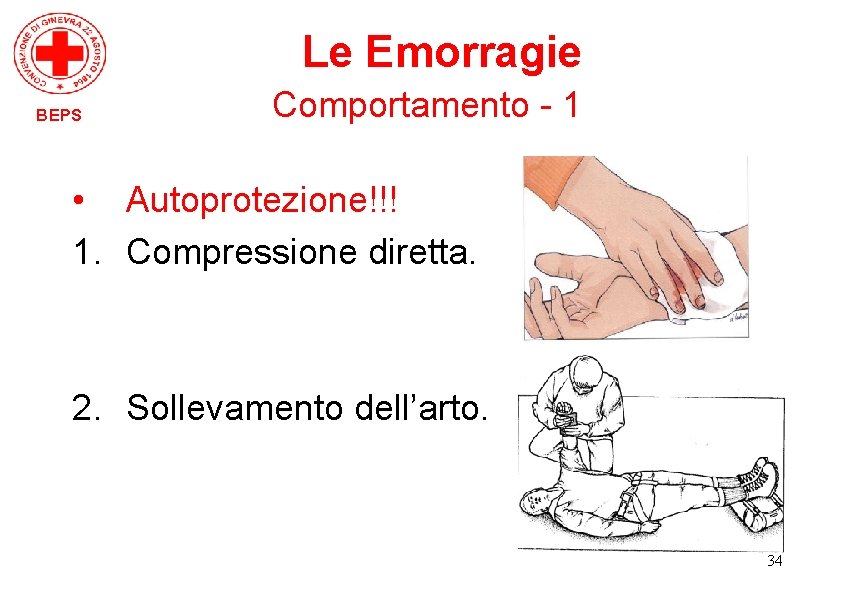 Le Emorragie BEPS Comportamento - 1 • Autoprotezione!!! 1. Compressione diretta. 2. Sollevamento dell’arto.