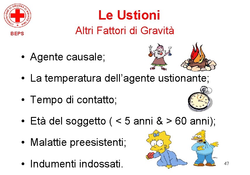 Le Ustioni BEPS Altri Fattori di Gravità • Agente causale; • La temperatura dell’agente