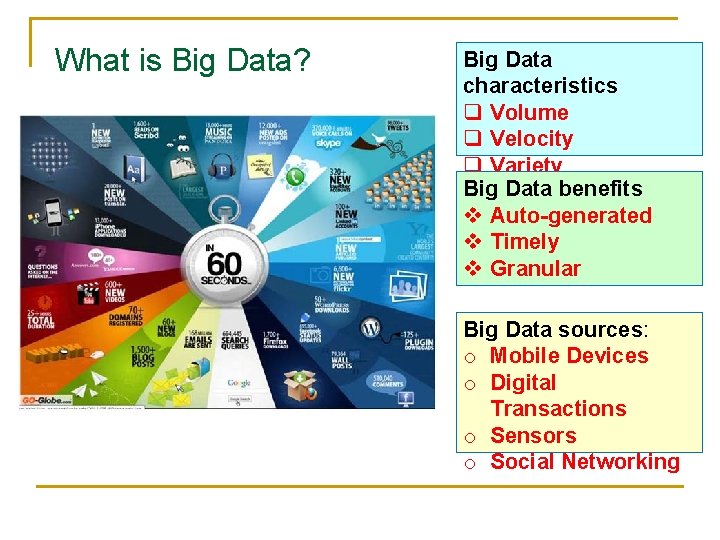 What is Big Data? Big Data characteristics q Volume q Velocity q Variety Big