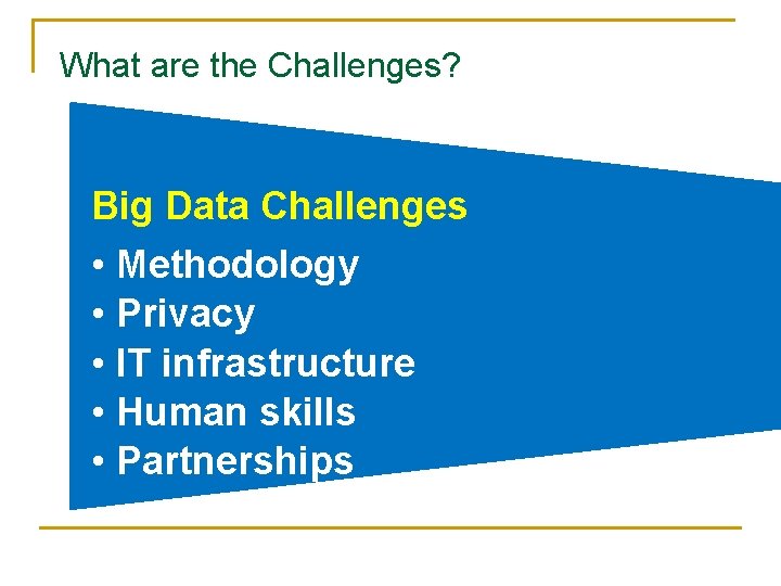 What are the Challenges? Big Data Challenges • Methodology • Privacy • IT infrastructure