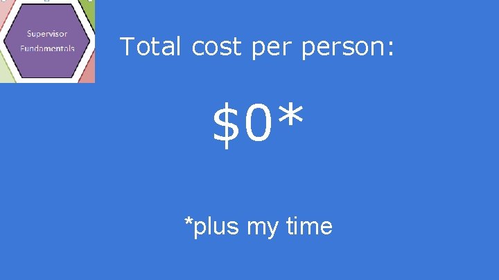 Total cost person: $0* *plus my time 