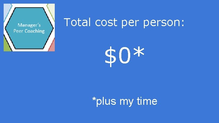 Total cost person: $0* *plus my time 