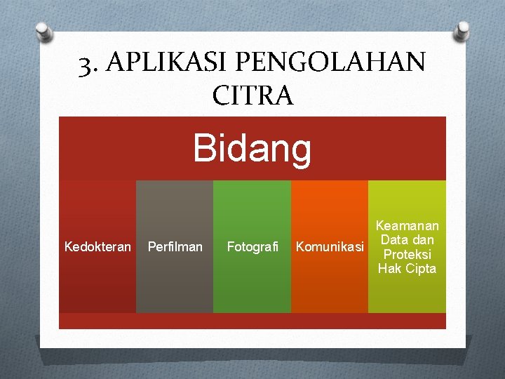 3. APLIKASI PENGOLAHAN CITRA Bidang Kedokteran Perfilman Fotografi Keamanan Data dan Komunikasi Proteksi Hak