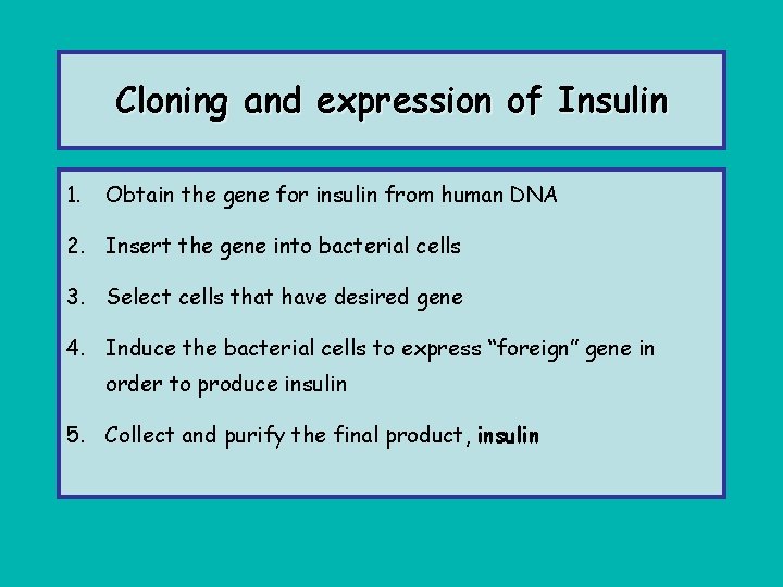 Cloning and expression of Insulin 1. Obtain the gene for insulin from human DNA