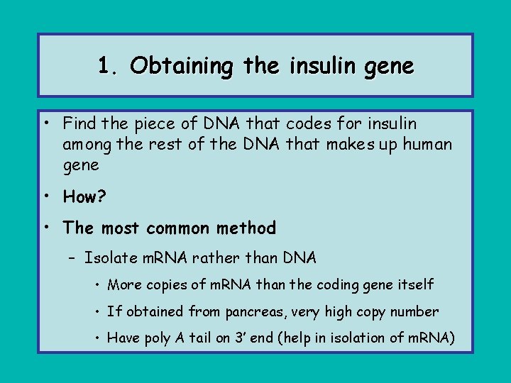 1. Obtaining the insulin gene • Find the piece of DNA that codes for