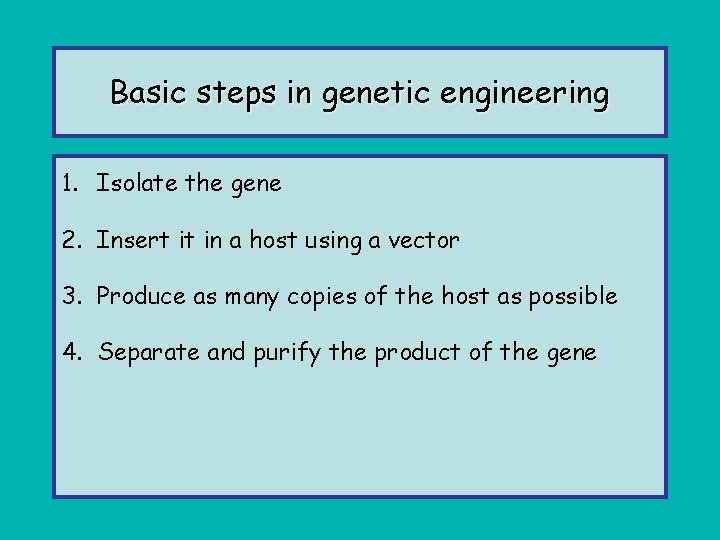 Basic steps in genetic engineering 1. Isolate the gene 2. Insert it in a