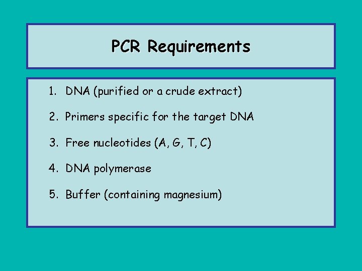 PCR Requirements 1. DNA (purified or a crude extract) 2. Primers specific for the