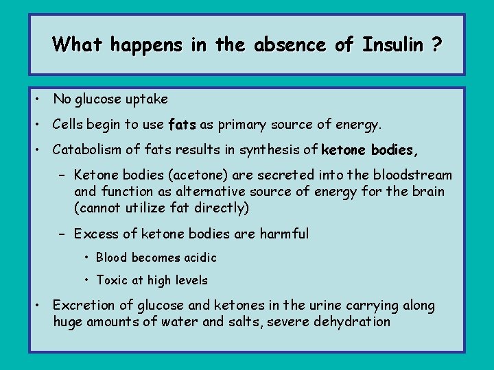 What happens in the absence of Insulin ? • No glucose uptake • Cells