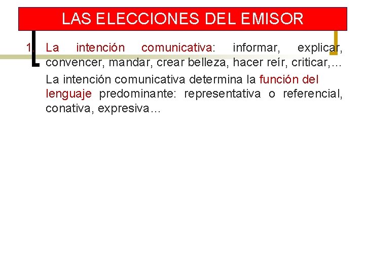 LAS ELECCIONES DEL EMISOR 1. La intención comunicativa: informar, explicar, convencer, mandar, crear belleza,