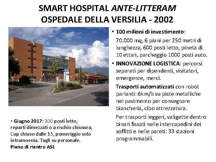 SMART HOSPITAL ANTE-LITTERAM OSPEDALE DELLA VERSILIA - 2002 • Giugno 2017: 300 posti letto,