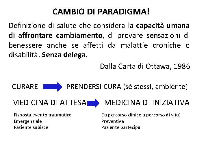 CAMBIO DI PARADIGMA! Definizione di salute che considera la capacità umana di affrontare cambiamento,