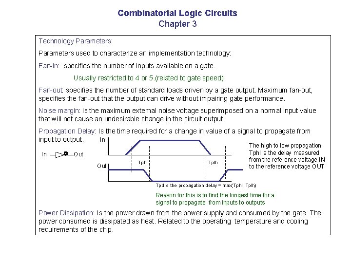 Combinatorial Logic Circuits Chapter 3 Technology Parameters: Parameters used to characterize an implementation technology: Combinatorial Logic Circuits Chapter 3 Technology Parameters: Parameters used to characterize an implementation technology:
