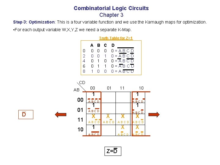 Combinatorial Logic Circuits Chapter 3 Step 3: Optimization: This is a four variable function Combinatorial Logic Circuits Chapter 3 Step 3: Optimization: This is a four variable function