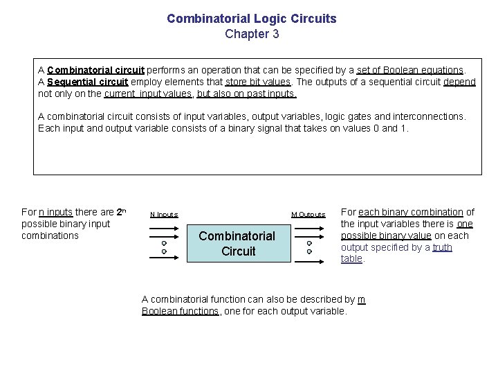 Combinatorial Logic Circuits Chapter 3 A Combinatorial circuit performs an operation that can be Combinatorial Logic Circuits Chapter 3 A Combinatorial circuit performs an operation that can be