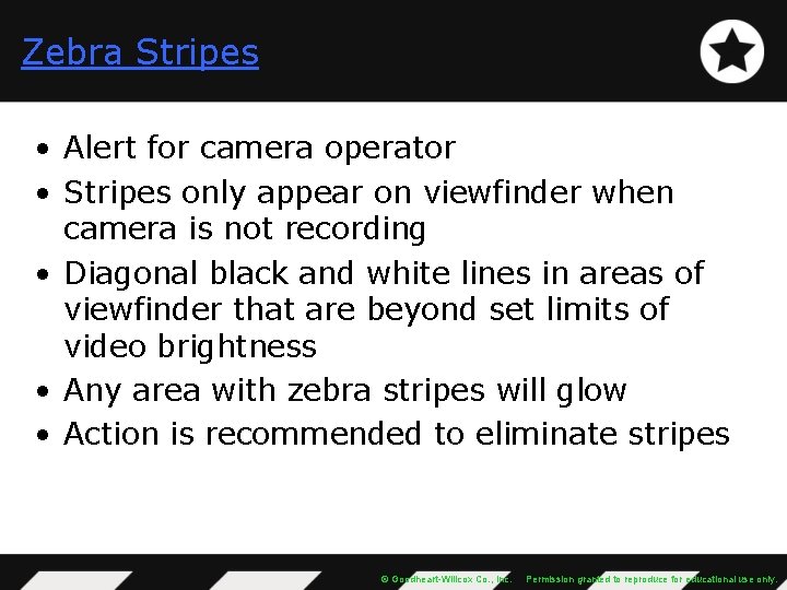 Zebra Stripes • Alert for camera operator • Stripes only appear on viewfinder when