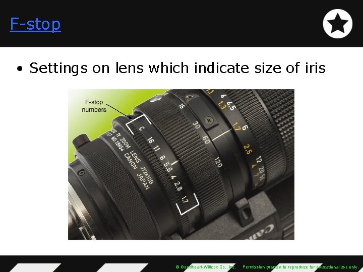 F-stop • Settings on lens which indicate size of iris © Goodheart-Willcox Co. ,