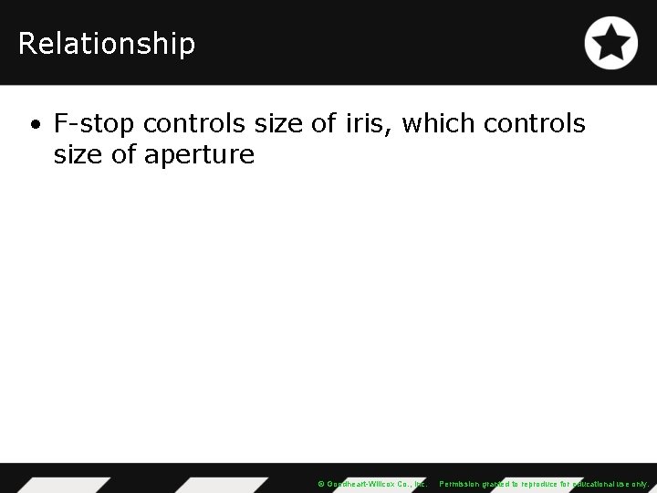 Relationship • F-stop controls size of iris, which controls size of aperture © Goodheart-Willcox