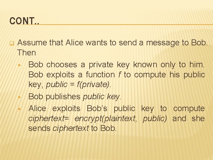 CONT. . q Assume that Alice wants to send a message to Bob. Then