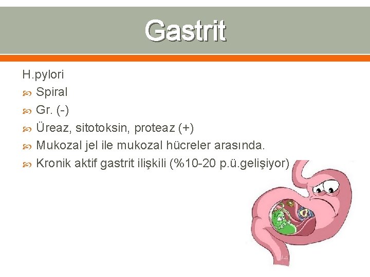 Gastrit H. pylori Spiral Gr. (-) Üreaz, sitotoksin, proteaz (+) Mukozal jel ile mukozal