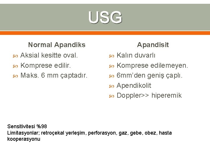 USG Normal Apandiks Aksial kesitte oval. Komprese edilir. Maks. 6 mm çaptadır. Apandisit Kalın