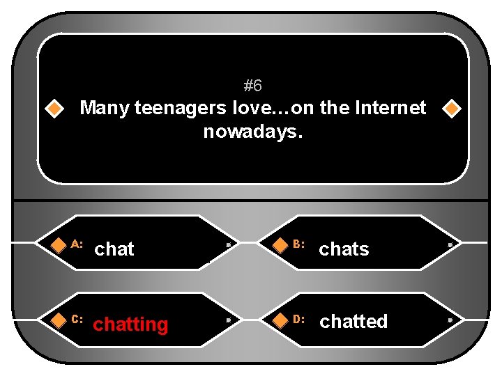 #6 Many teenagers love…on the Internet nowadays. A: chat B: chats C: chatting D: